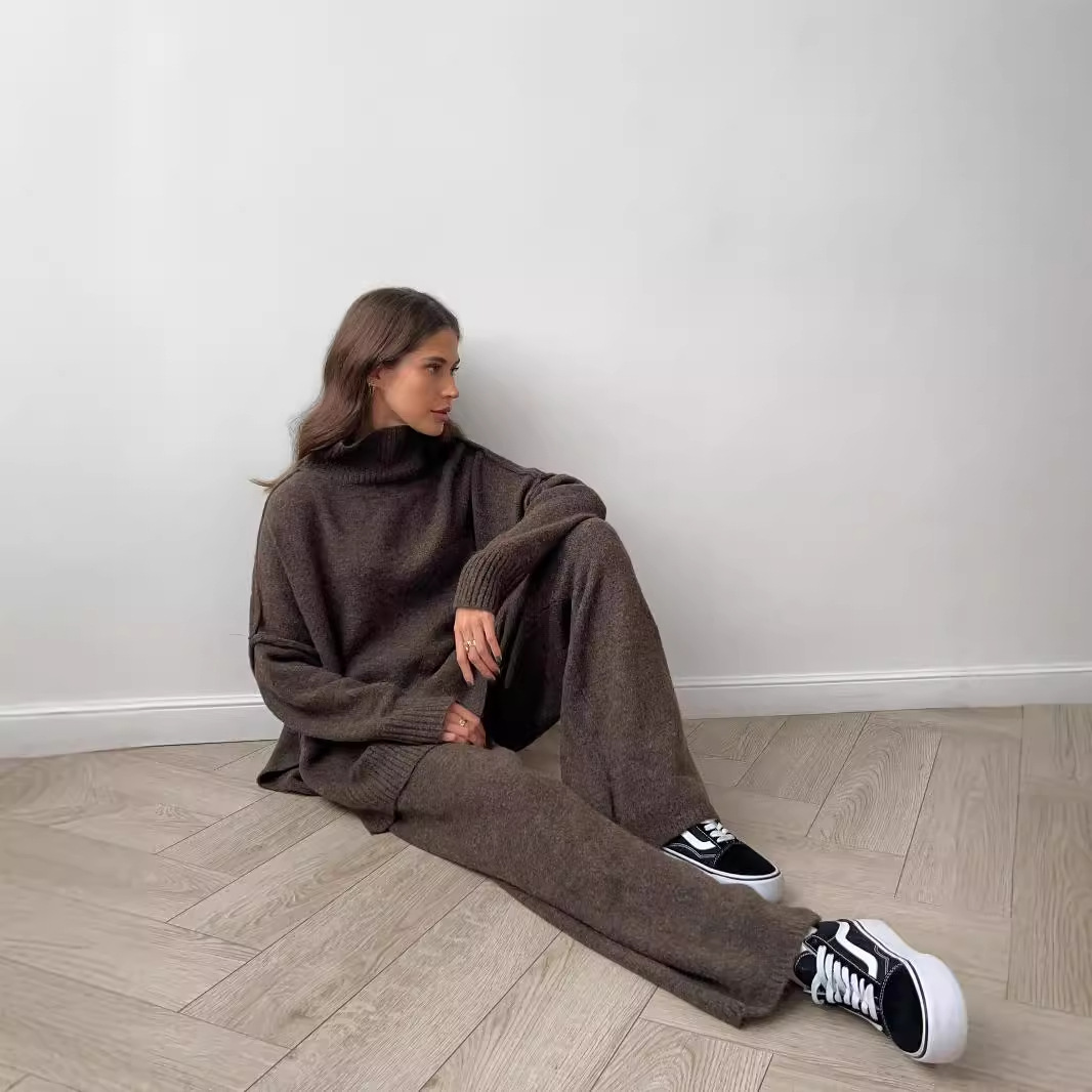 2025 Cross-border high-neck slit wool sweater Set for Women, loose, casual and laid-back European and American knitted trousers Two-piece set Specification drawing