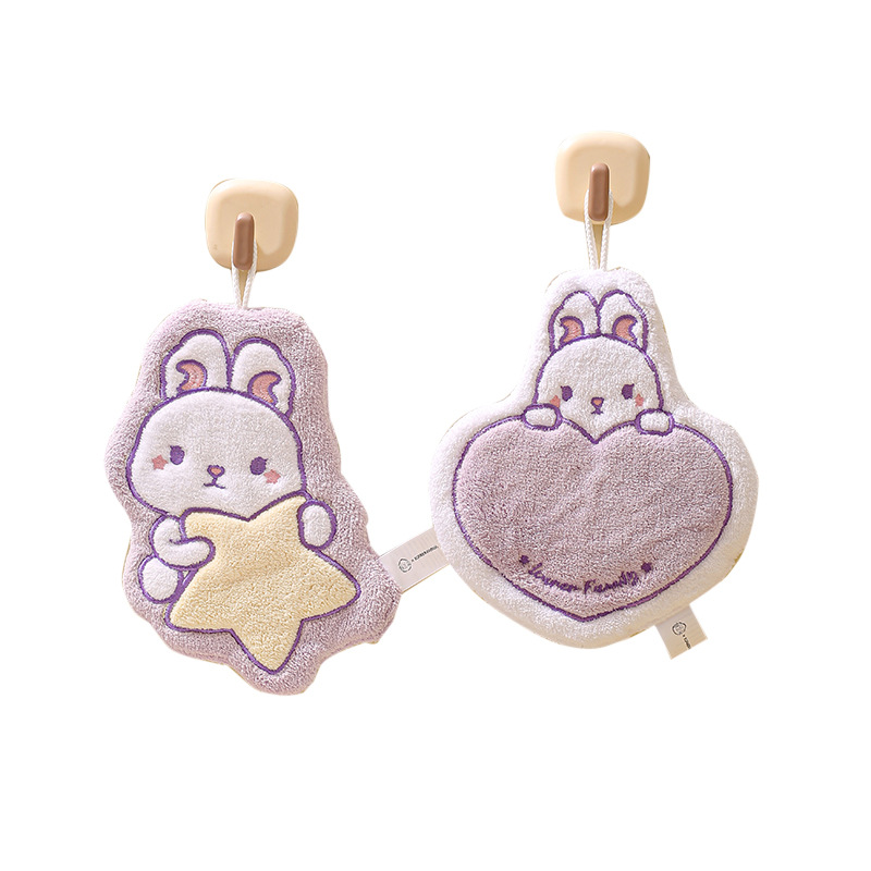 可挂式珊瑚绒萌兔造型擦手巾加厚卡通刺绣擦手布厨房吸水速干毛巾白底实物图