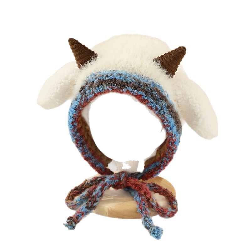 冬季保暖儿童帽子加厚针织毛绒帽男女宝宝可爱牛角护耳套头毛线帽白底实物图