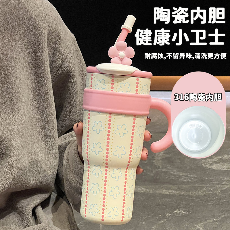 Ceramic inner liner insulated cup, giant handle ice cup, double-drinking straw water cup, large-capacity women's cup with high appearance level Specification image