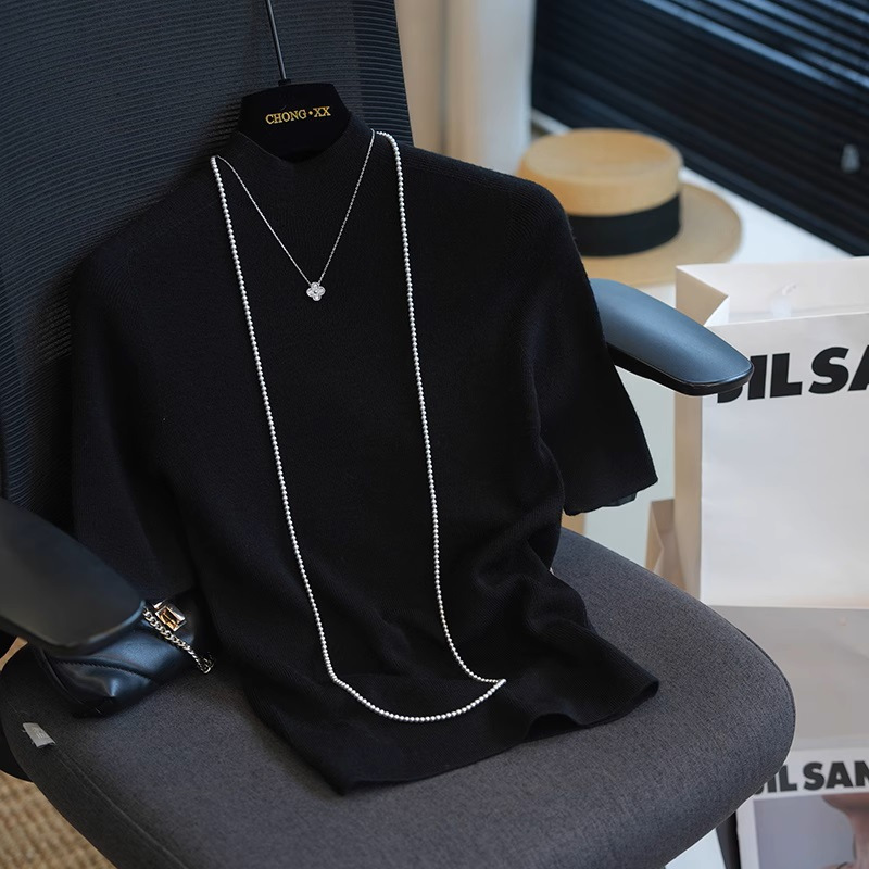 100 Fine-spun wool seamless one-piece semi-high-neck short-sleeved knitted base layer, women's slimming and form-fitting top Spring 909G details Picture