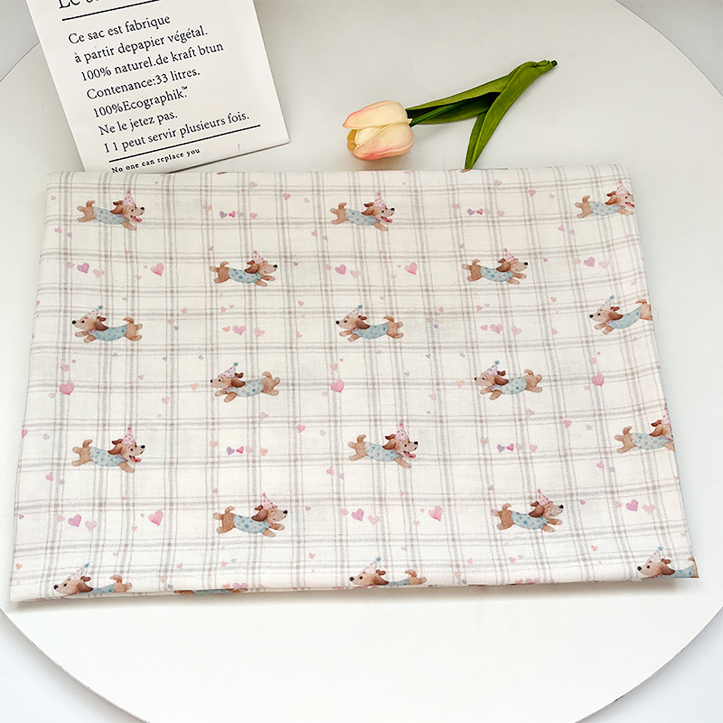 条纹爱心腊肠狗全棉布料母婴级双层纱布料印花宝宝服装睡衣面料