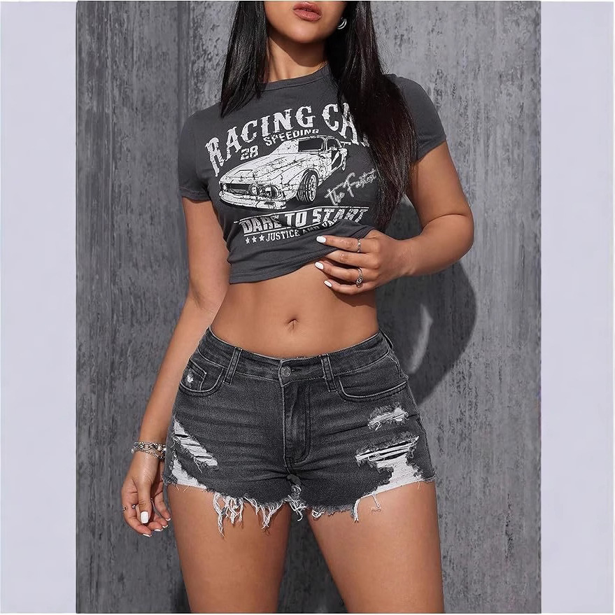Xintang Foreign Trade Women's 2025 New Style hot-selling ripped stretch three-capri jeans fashionable washable denim shorts Specification drawing
