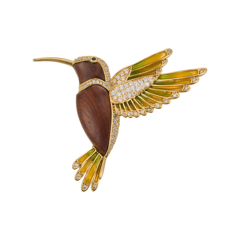 Original design wood grain color wing hummingbird brooch, dual-purpose light luxury copper alloy, real gold electroplated and set with zircon pin, dual-purpose Item Picture