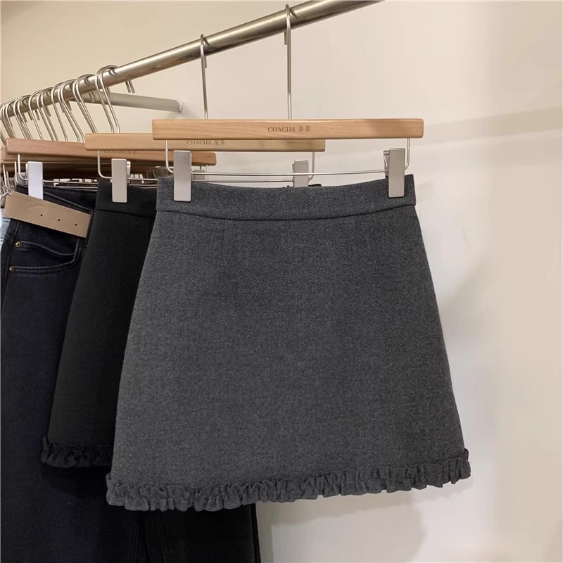 灰色毛呢半身裙女2025秋冬高腰a字包臀裙花边拼接显瘦短裙小个子白底实物图