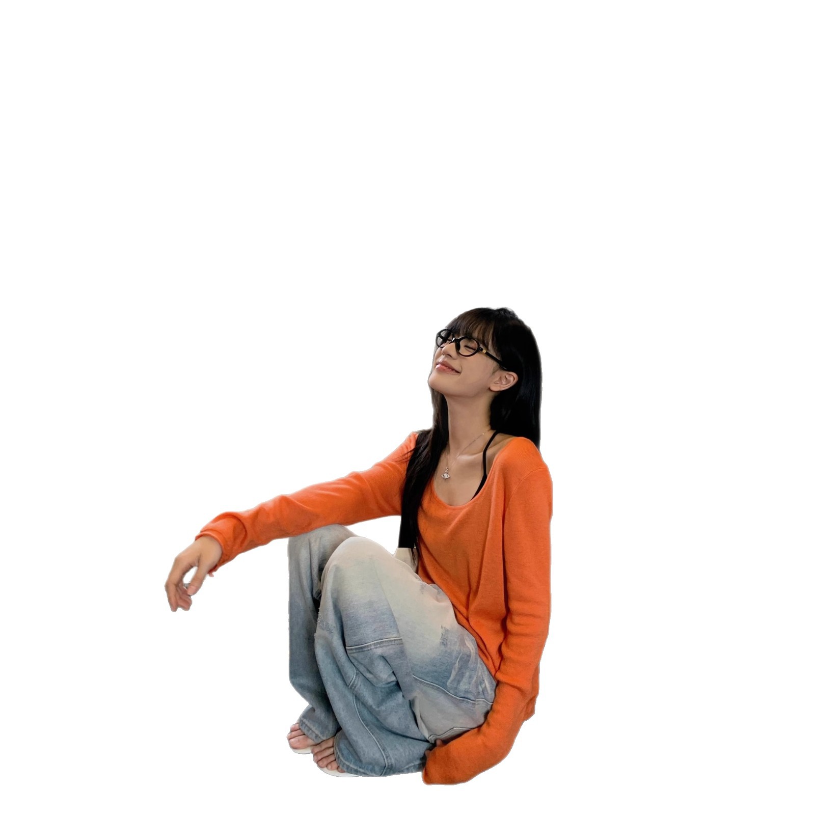 2025夏纯欲橘色薄款长袖防晒罩衫T恤女夏季辣妹宽松休闲露肩上衣白底实物图