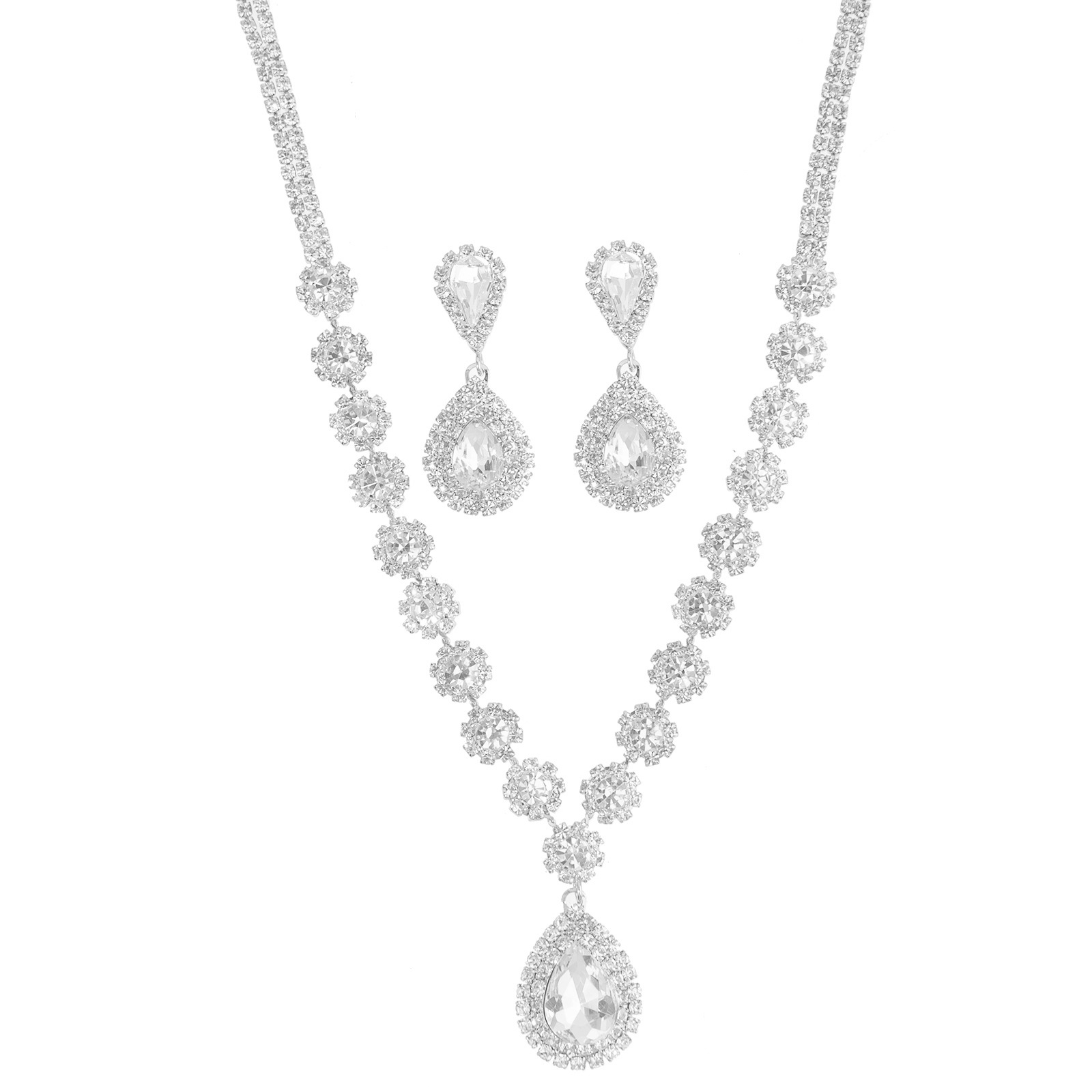 New court-style cross-border teardrop-shaped earrings, necklace and rhinestone set, elegant and refined bridal wedding banquet accessories Specification image
