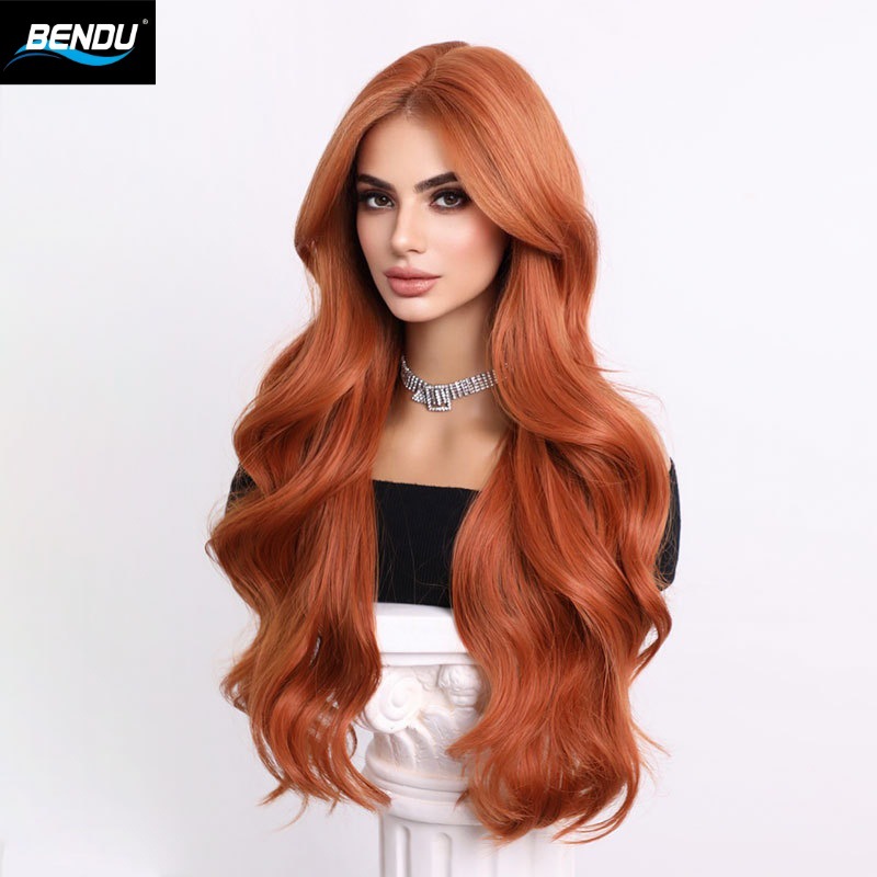 New wig for women, bright orange large wavy long hair, mid-parted chemical fiber wig, wholesale in Yiwu, long curly hair details Picture