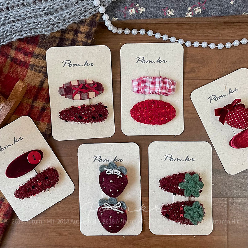 New Korean version red strawberry hair clips for children, sweet autumn, sequined side wavy bangs, checkered hair accessories, Pom.kr wine red fabric hair clips, strawberry and apple checkered, multiple styles, cute for girls in autumn and winter details Picture