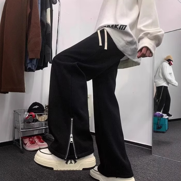 American street trend sweatpants for men in Spring/Autumn 2025: Trendy zipper split pants, wide-leg straight loose casual trousers Specification image