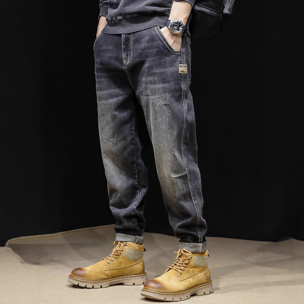 弹力牛仔裤男春秋锥形直筒宽松大码男士男裤2025新款黑色秋季裤子