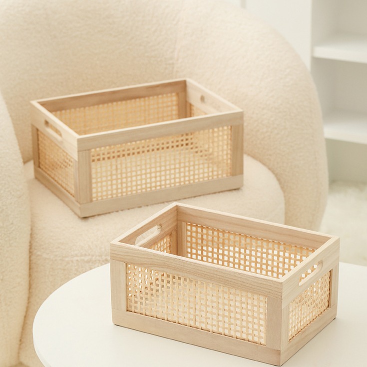 越南藤编收纳筐手工实木美式高档编织篮茶几杂物盒桌面收纳框篮子