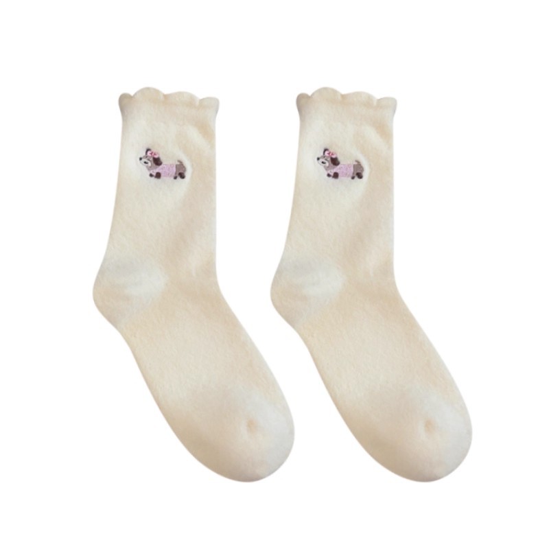 Autumn cartoon cute puppy socks, Japanese-style fleece thickened women's mid-calf socks, warm socks, versatile thick long socks for women Item Picture
