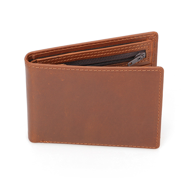 New cross-border genuine leather wallet, retro top layer, Crazy Horse leather, thin and short anti-theft brush zipper coin purse for men and women