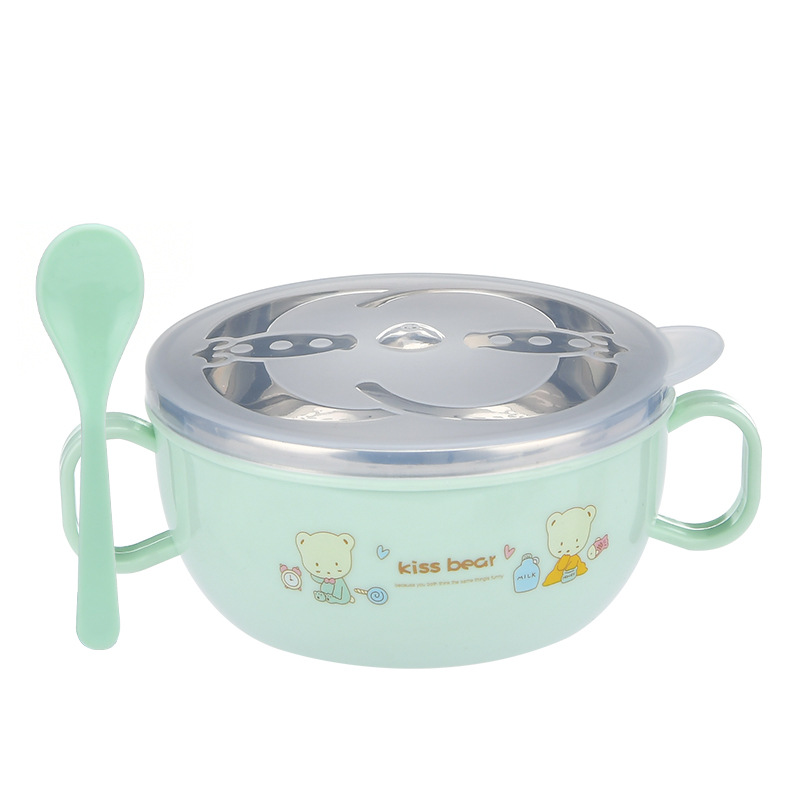 Manufacturer's in-stock baby stainless steel children's bowl with handle and lid, cartoon heat-insulating bowl with spoon Item Picture