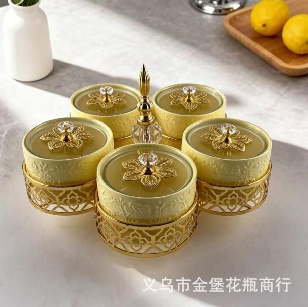 Light luxury 5-compartment rotating ceramic dried fruit box with lid, carved gold edge, nut storage box in multiple colors, suitable for home and living room use details Picture