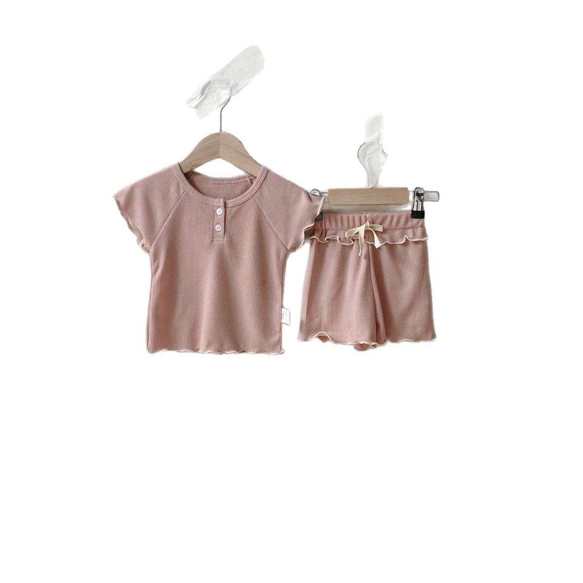 New summer baby Waffle wavy fringed short-sleeved T-shirt + shorts two-piece set for girls Item Picture