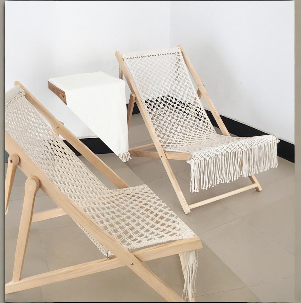 Solid wood beach chair, outdoor camping folding chair, hand-woven cotton rope detachable, living room midday rest tassel lounge chair Specification image