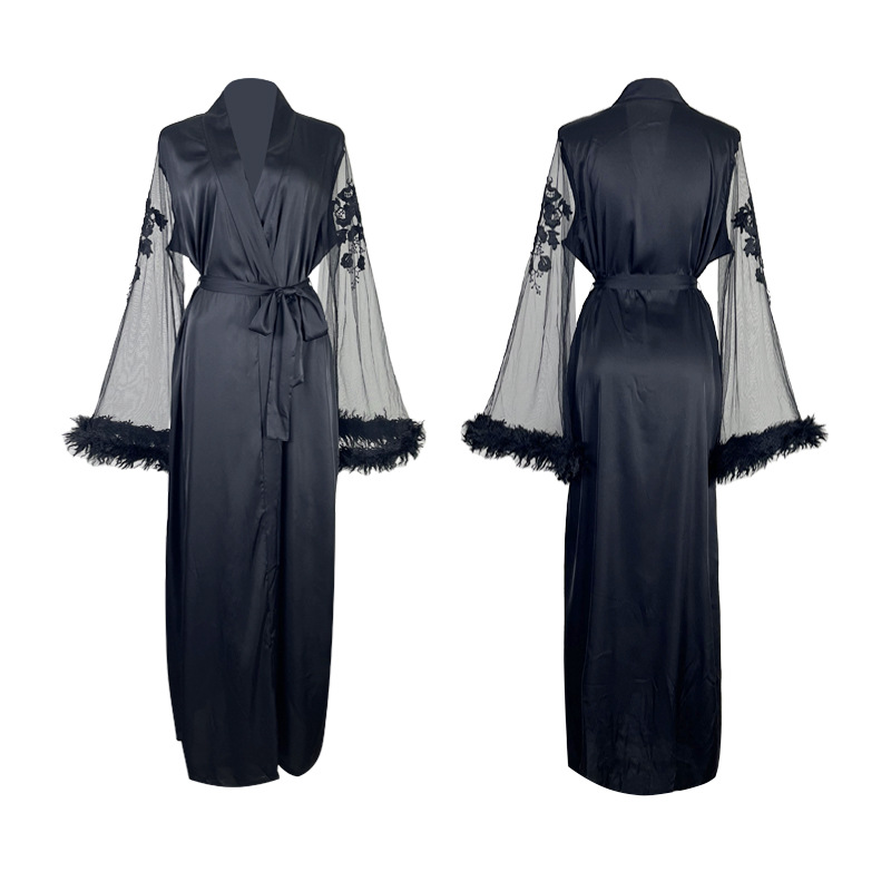 European and American cross-border satin mesh sleeved long bathrobe for women, lace feather cuffs, tie, multi-color home wear 765 Item Picture