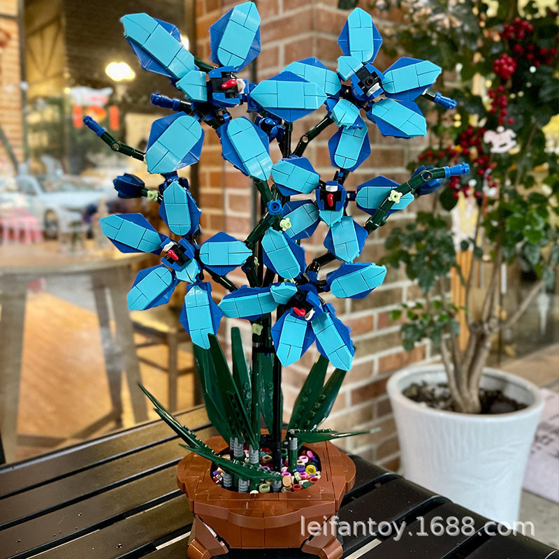 Cross-border new children's educational assembly building blocks, small particle artificial blue orchid, DIY decorative ornaments, potted plants details Picture