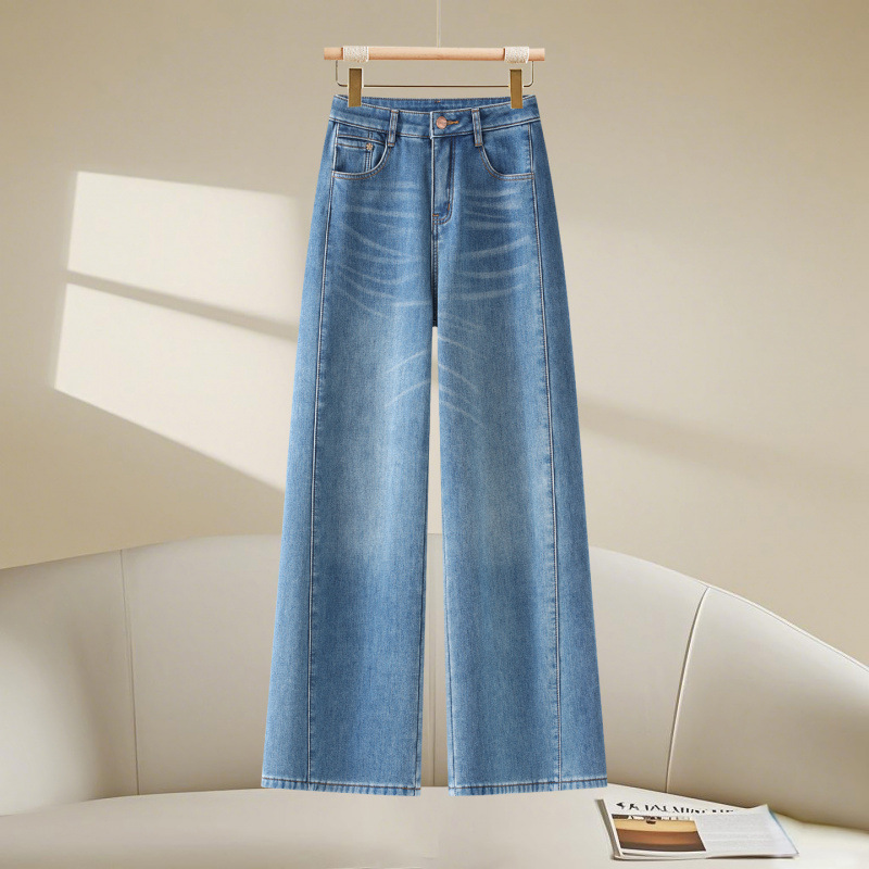 Fleece and thickened blue jeans for women's winter 2025 new style, high-waisted slimming straight-leg pants, versatile narrow wide-leg pants Specification image
