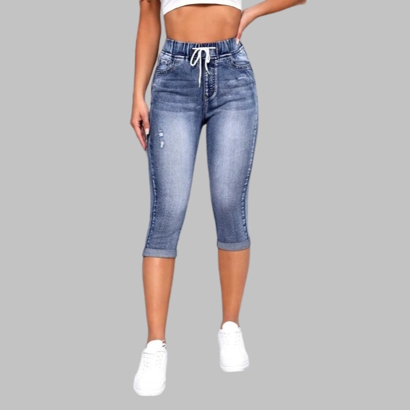 跨境欧美热销女装牛仔裤女士高弹松紧腰抽绳高腰性感破洞牛仔裤产品图