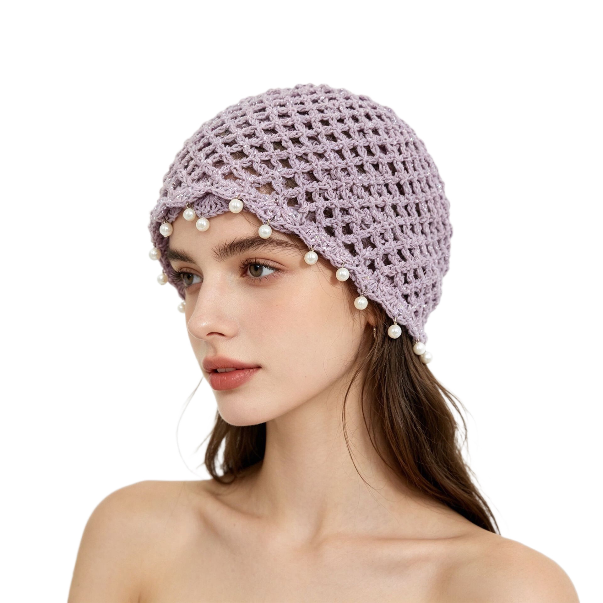 Hecho a mano hook flor hueco perla bolsa headcap mujeres verano transpirable rostro artístico pequeño sombrero de punto versátil moda Item Picture