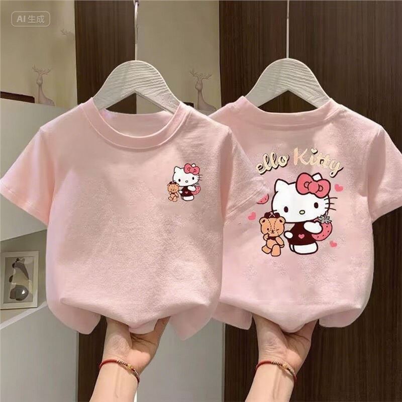 儿童T恤KT猫短袖女童夏季卡通印花中小童可爱韩版宽松圆领上衣潮