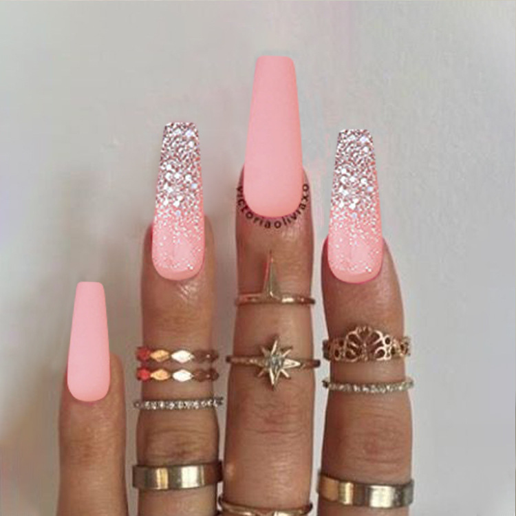 European and American style long ballet false nail patches, long French sequin nail art, matte frosted wearable nail finished products wholesale Specification image