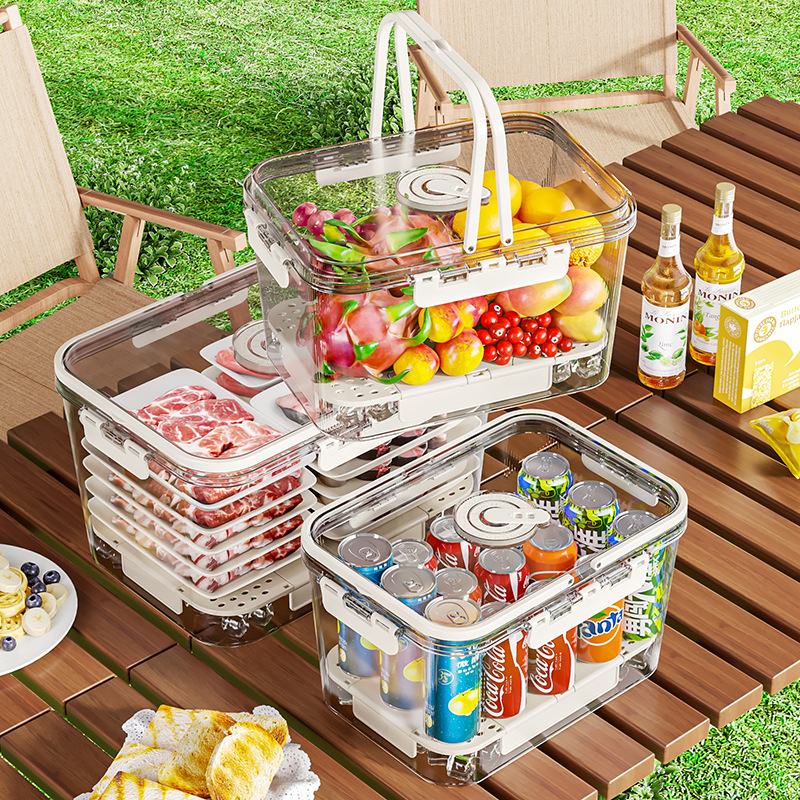 便携式户外露营保鲜收纳盒透明手提储物盒多用途双层大容量保鲜盒