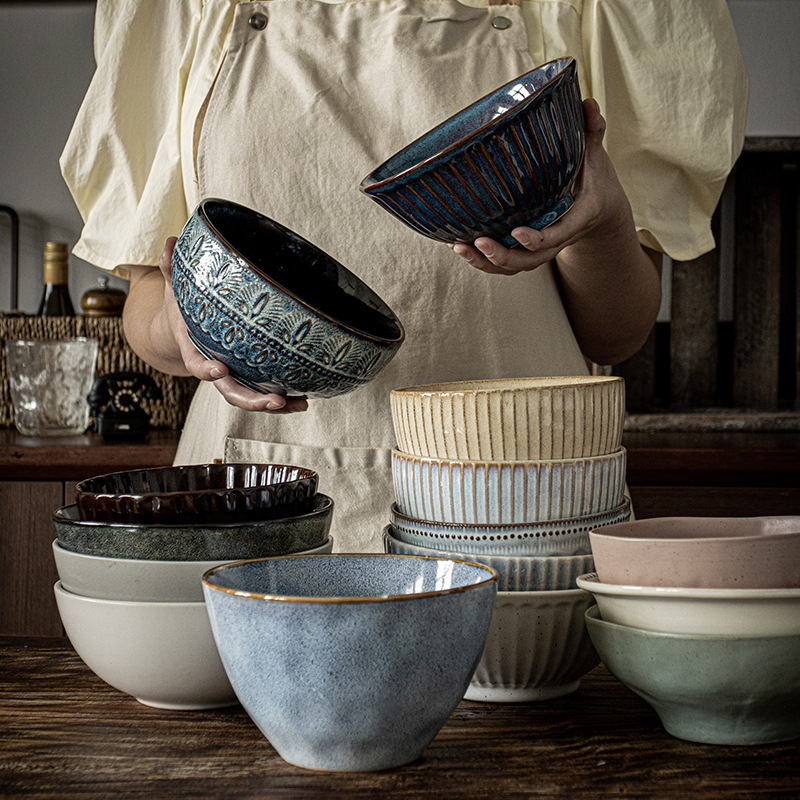 Retro noodle bowls, Japanese ceramic bowls, salad bowls, household vegetable bowls, instant noodle bowls, tableware, light luxury, high appearance level, soup bowls, rice bowls details Picture