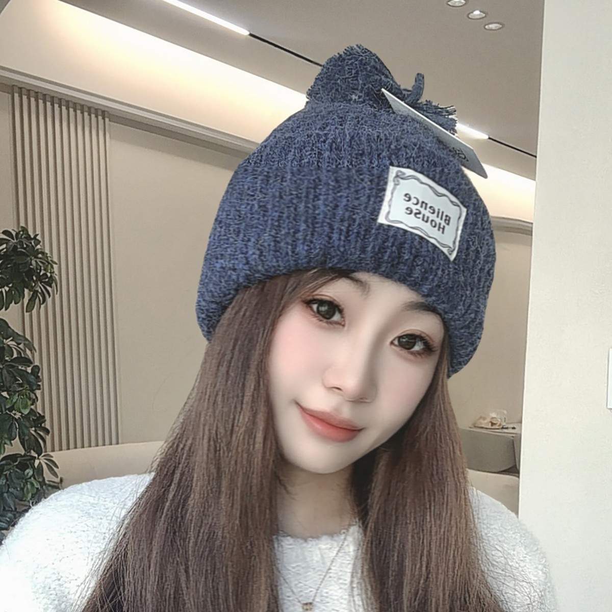 Yellow pom-pom knitted woolen cap for women's autumn and winter headwear, warm pullover cap, face-making small and cold-proof headscarf Specification image