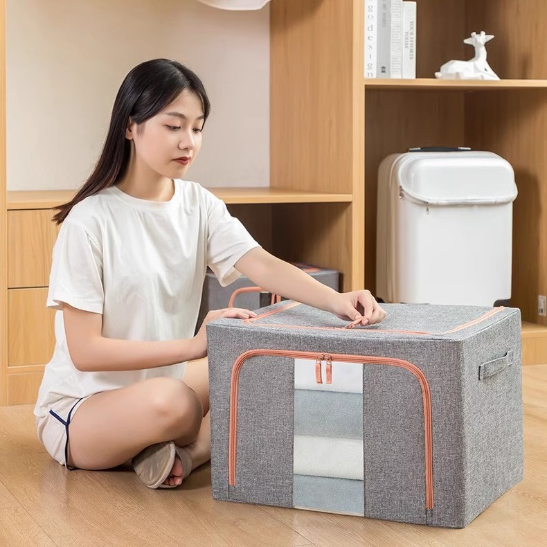跨境棉麻钢架收纳箱衣柜家用搬家整理箱棉被衣服玩具布艺收纳箱图