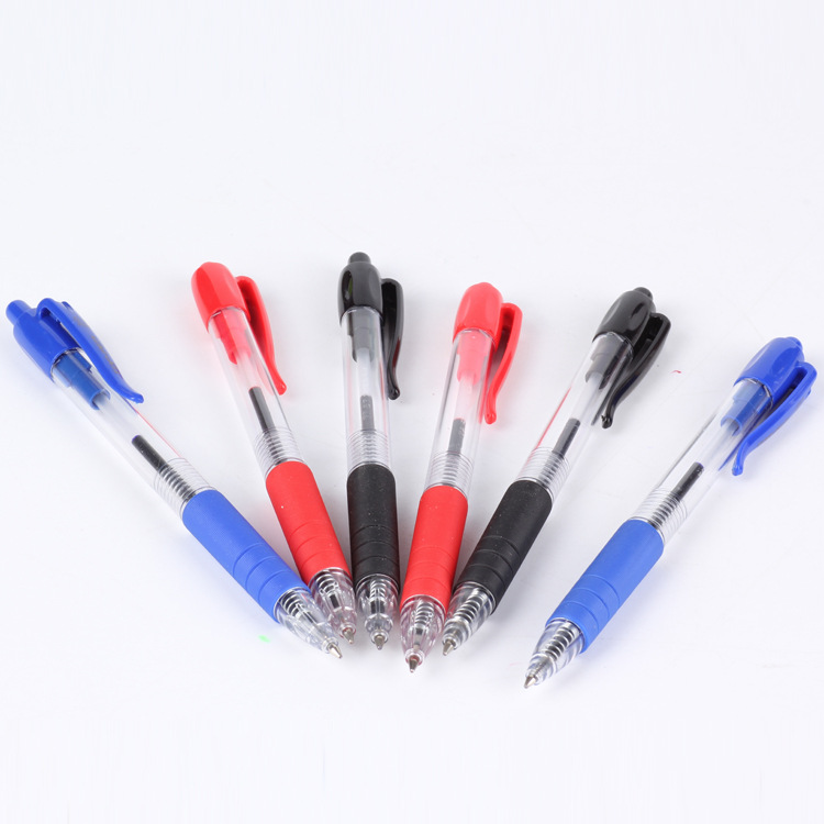 Transparent plastic ballpoint pen, red, black and blue ballpoint pen, press 518 sheath ballpoint pen details Picture