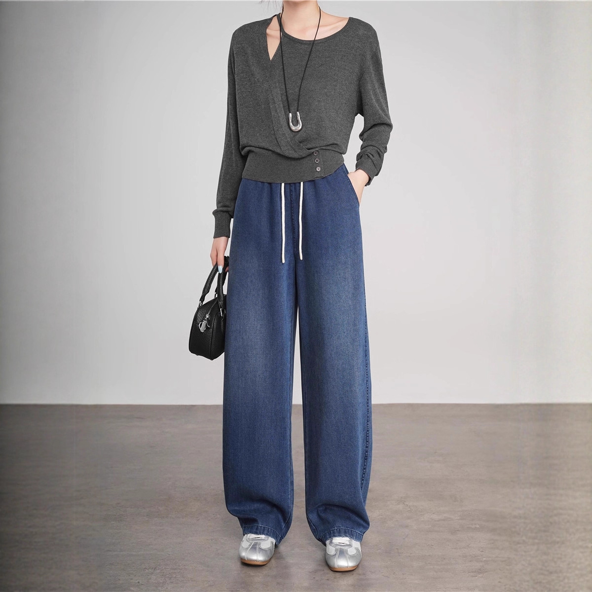 (Tencel wide-leg jeans) Autumn new style retro drape slimming versatile lace-up jeans pod pants details Picture