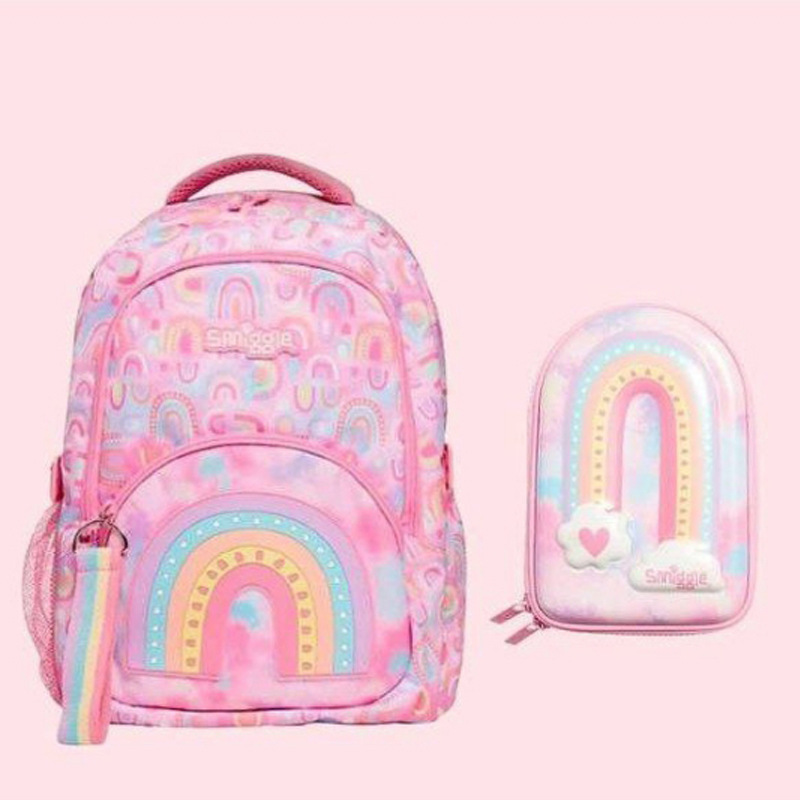 Australian smiggle schoolbag, children's large-capacity stationery box, pink rainbow backpack, primary school students' outdoor backpack details Picture