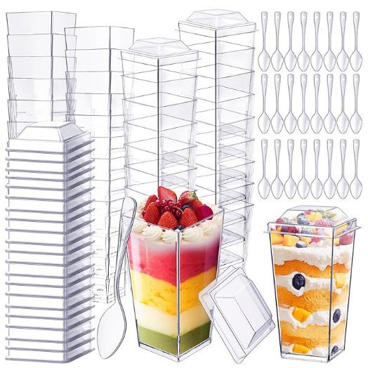 Disposable 3OZ square cup, mousse cup, plastic transparent square cup, pudding dessert cup, cross-border set with spoon and lid details Picture
