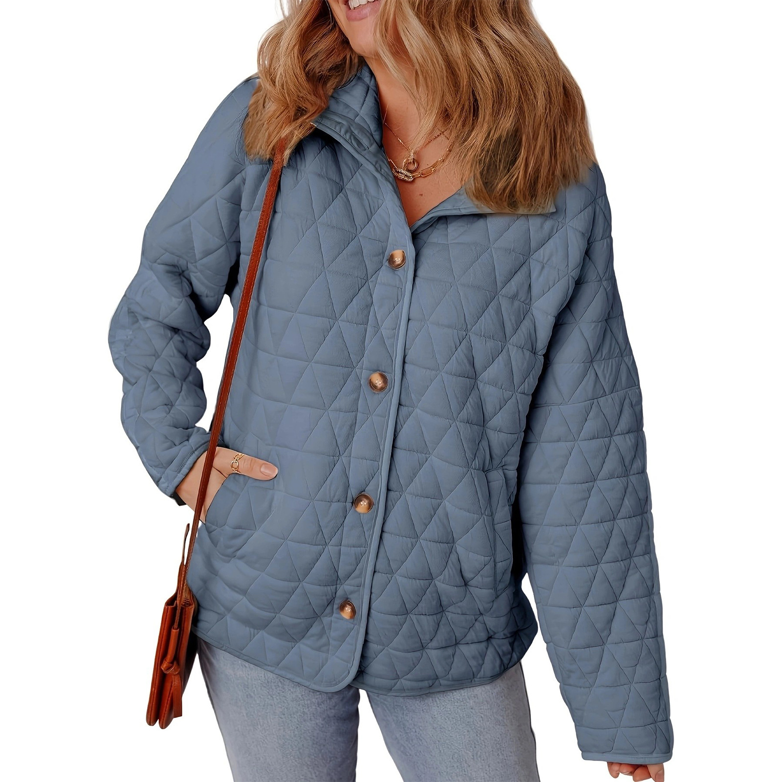 Cross-border cross-border foreign trade wholesale 2025 autumn/Winter new style European and American style quilted thread decorated simple solid color round neck loose cotton-padded jacket Item Picture