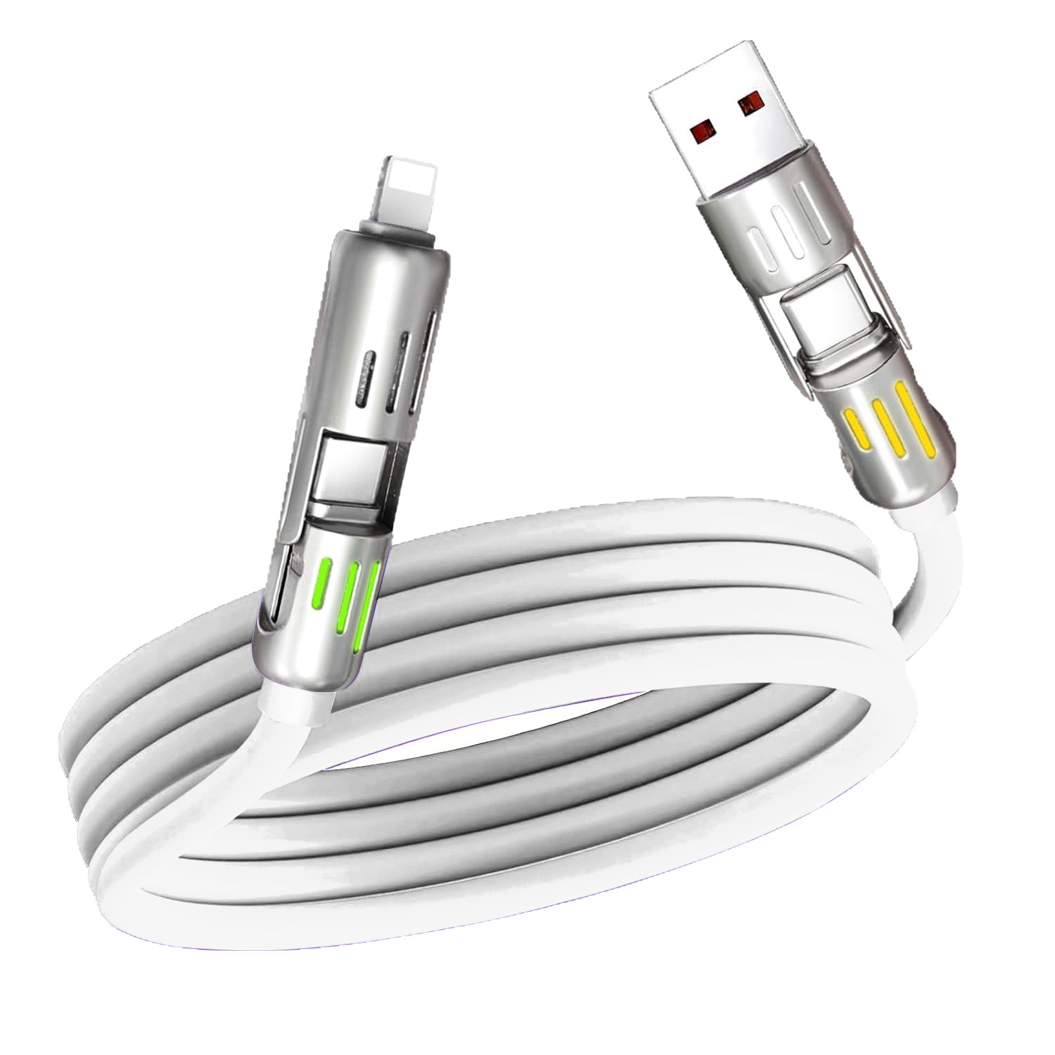 New type of light column four-in-one data cable 65W+12W seven-color atmosphere breathing lamp two-drag two-zinc alloy silicone wire Item Picture