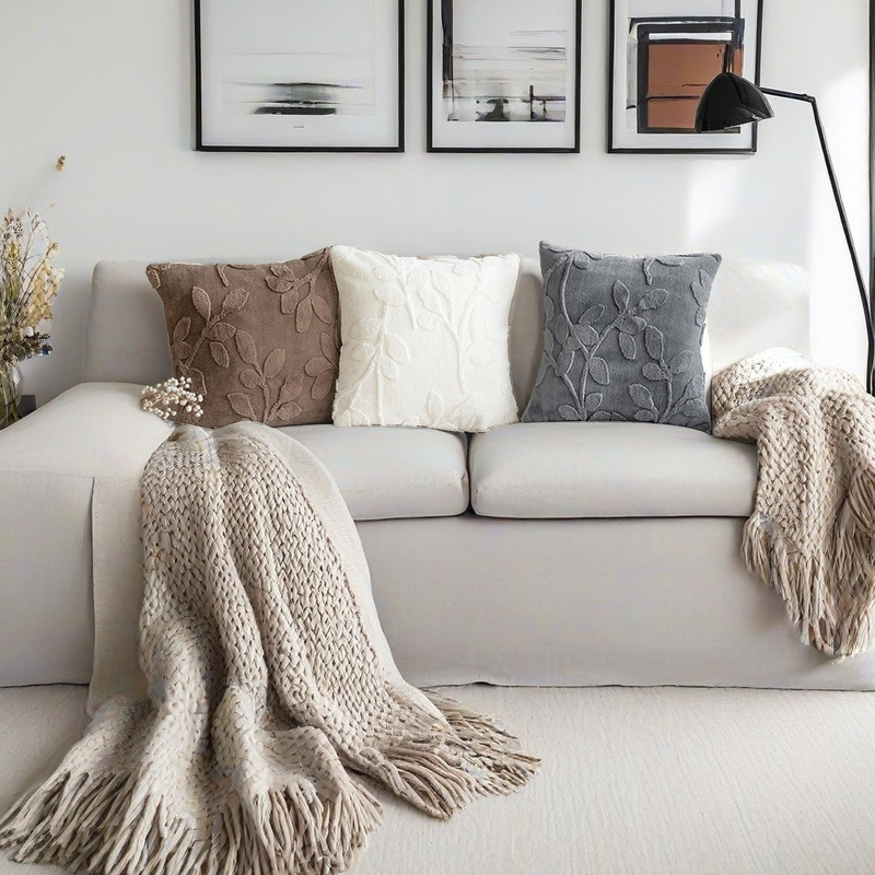Faux plush jacquard pillow, solid-color simple home sofa pillow cover, three-dimensional leaf pattern living room sofa pillow details Picture