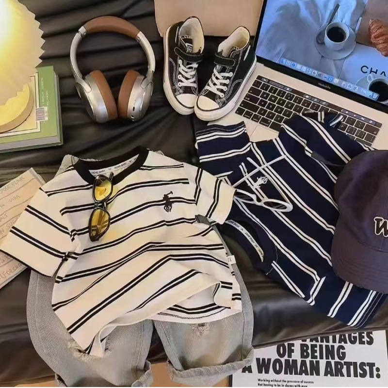 夏季新款条纹百搭男女童短袖潮流儿童休闲T恤透气舒适宽松版