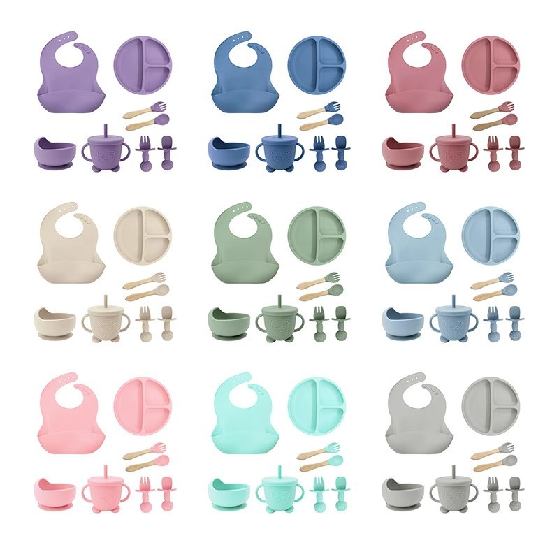 食品级硅胶宝宝围兜分格餐具8件套硅胶餐盘吸盘式 硅胶儿童碗勺叉