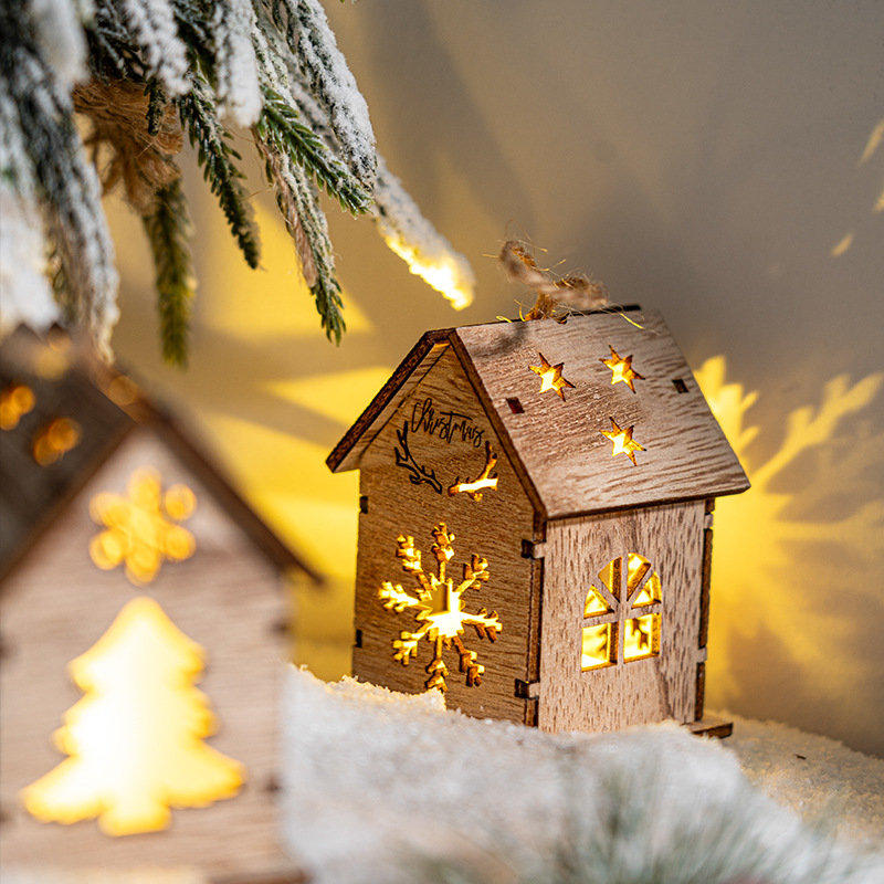 Christmas home decoration, desktop scene arrangement props, wooden house ornaments, hanging items, glowing Christmas tree decoration accessories Item Picture