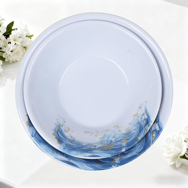 Wholesale of melamine tableware by Jinhailang in foreign trade: bowls, plates, spoons, cups, hot pot vegetable plates, self-service round plates, stir-fried rice plates Specification drawing