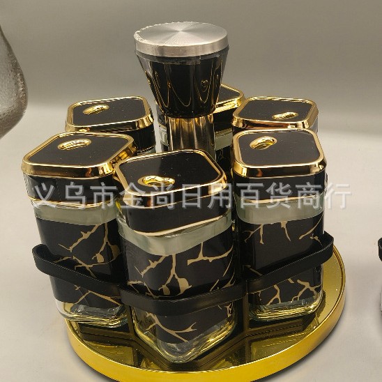 Cross-border kitchen rotating square and round six-bottle rotating seasoning box sealed moisture-proof seasoning bottle set portable seasoning jar