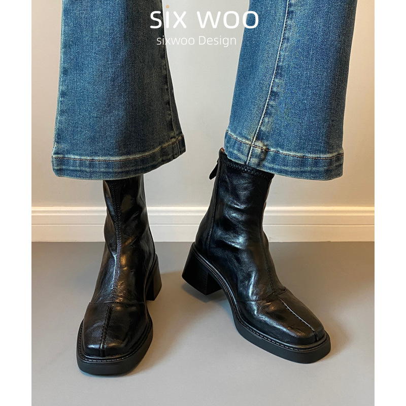 【现货】高跟方头短靴马丁靴春秋季单靴后拉链短靴女士粗跟靴子