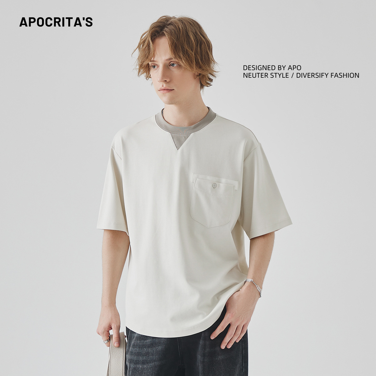 APO Men's Wear: Summer color-blocking and patchwork fake two-piece short-sleeved T-shirt for men, loose round-neck inner layer top and base layer details Picture