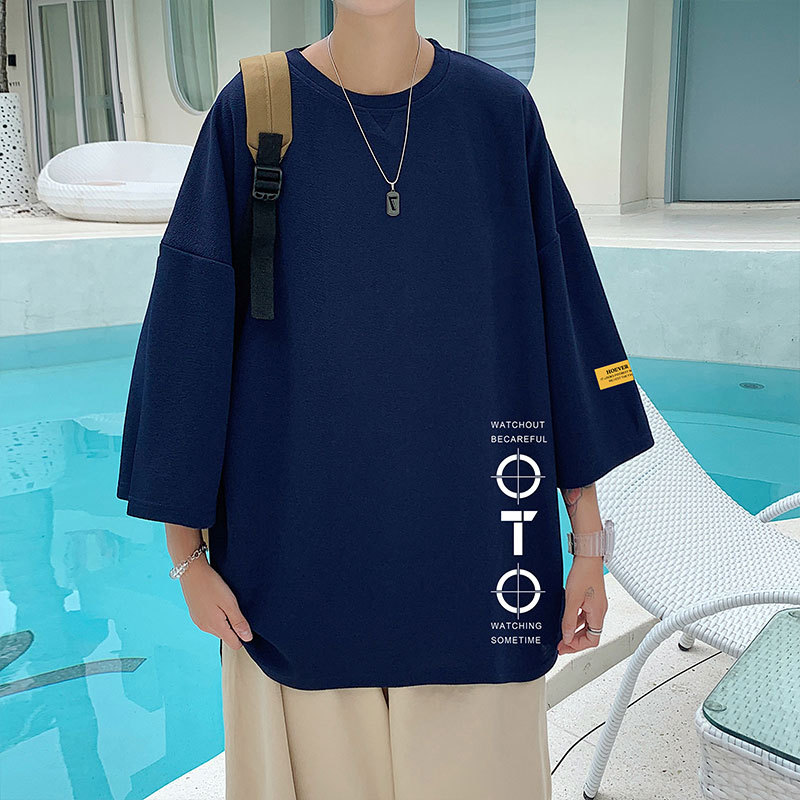 Summer trend: Three-quarter sleeve men's loose short-sleeved T-shirt with Korean-style loose short-sleeved tops for overweight and plus-size people. Five-quarter mid-sleeved top Specification image