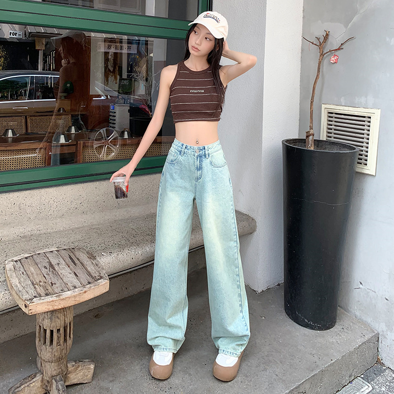 外贸定制翡翠蓝高腰牛仔裤女2024年秋新款宽松显瘦直筒拖地阔腿裤