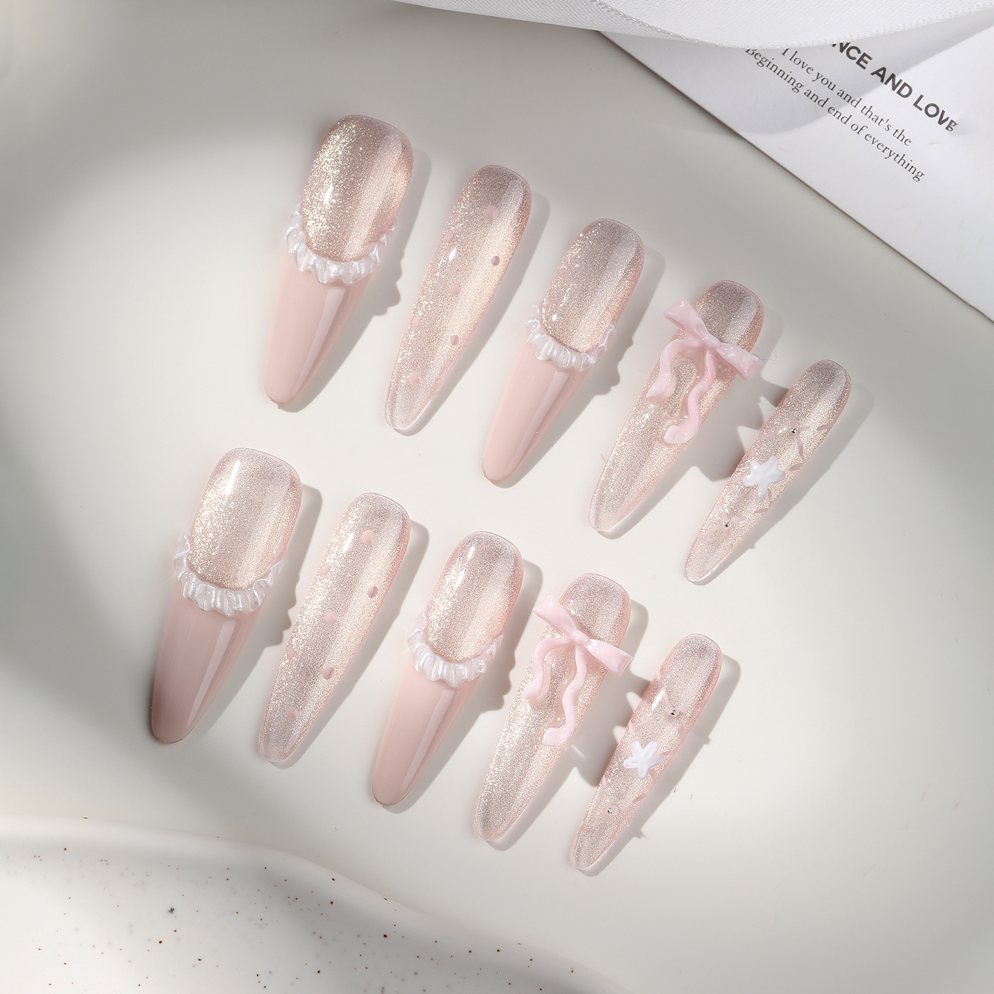 Zhuo Shimei's handcrafted ballet girl French high-end cat-eye whitening detachable bow nail art
